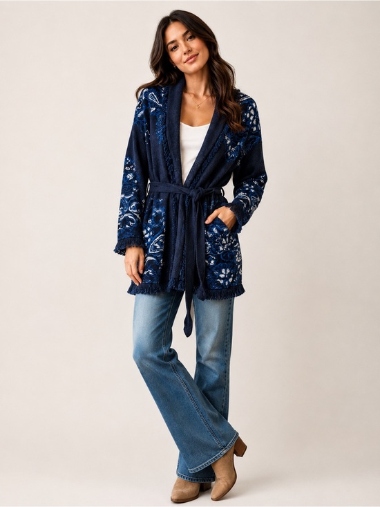 Chico's Sweaters - Chico’s Paisley Fringe Belted Cardigan Sweater Jacket | Size 2 (US Large)